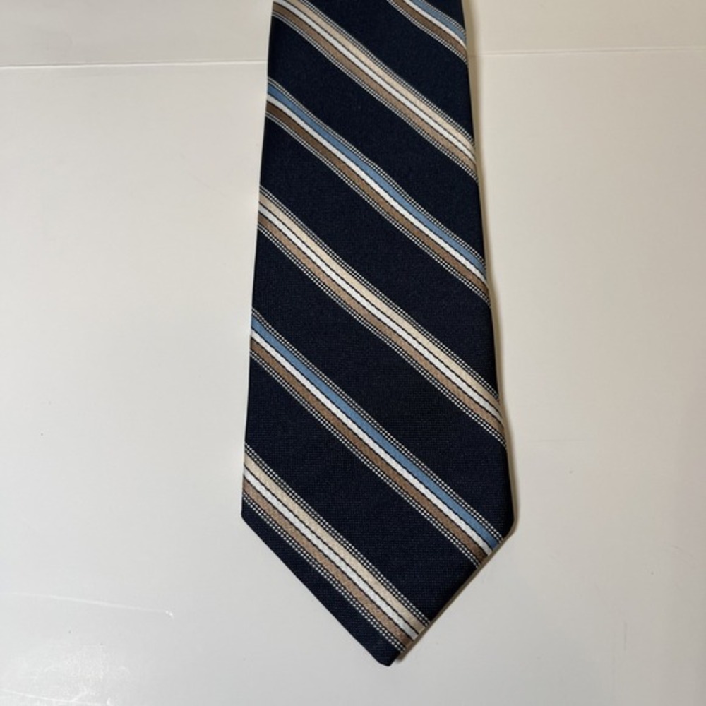 Prince Consort Necktie Mens OS Navy‎ Blue Vintage Golden Clasp Striped Polyester